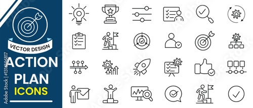 Action plan icon, vector set. Action plan line icon symbol design for web design, app, logo.  Containing strategy,  analysis, tasks, planning, strategy, goal, implementation and others.