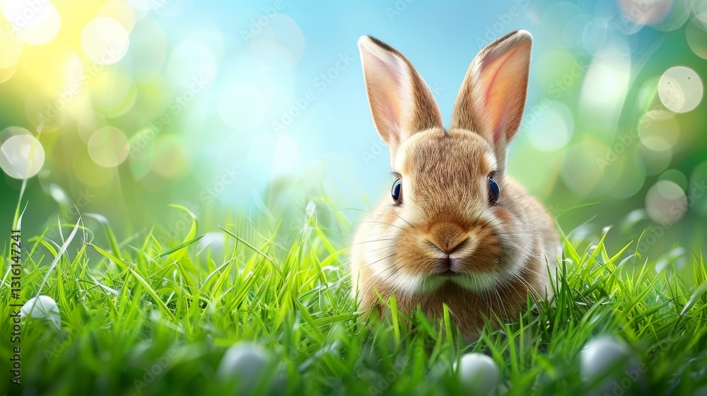 Easter Bunny in a Flower Field. Cute fluffy Easter Bunny in a field, with colorful eggs scattered around. Easter Bunny in a Flower Field. Cute fluffy Easter Bunny in a field, with colorful eggs scattered around.
