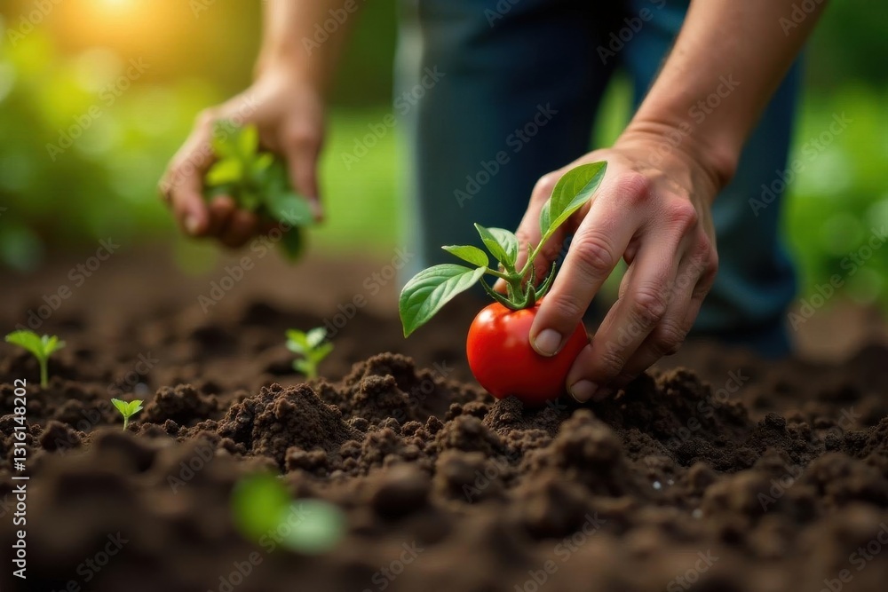 Farmer's hands planting tomato seedling in rich soil, rural, sprout Farmer's hands planting tomato seedling in rich soil, rural, sprout