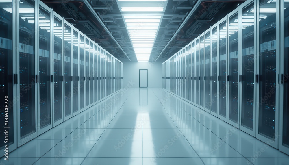 Cinematic view of a modern data center featuring sleek server racks and bright lighting Cinematic view of a modern data center featuring sleek server racks and bright lighting