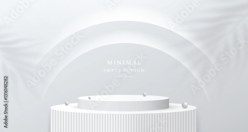 Abstract shine silver cylinder pedestal podium. Sci-fi white empty room concept with semi circle glowing neon lighting. Vector rendering 3d shape, Product display presentation. Futuristic wall scene.