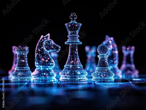 Futuristic chess pieces illuminated by neon lights on a digital board