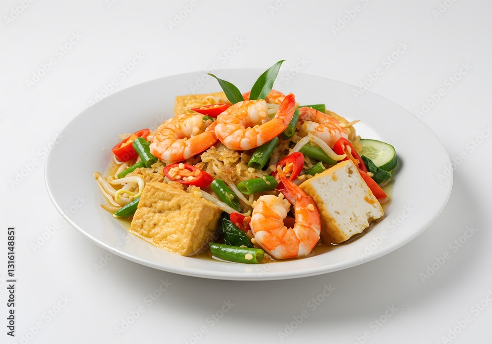 Shrimp and Tofu Stir Fry with Vegetables on White Plate Shrimp and Tofu Stir Fry with Vegetables on White Plate