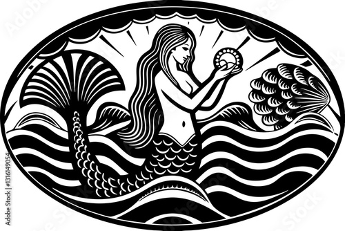 Beautiful mermaid holding a pearl in her hands. Engraving vintage vector illustration, monochrome black color. Woodcut