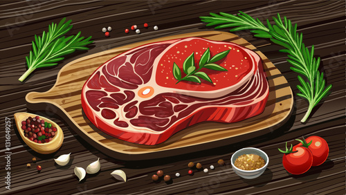 Raw meat Ribeye Steak with seasoning on dark wooden background