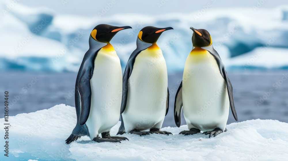 Obraz premium Three Penguins Stranded on Broken Ice Sheets in a Frigid Arctic Landscape