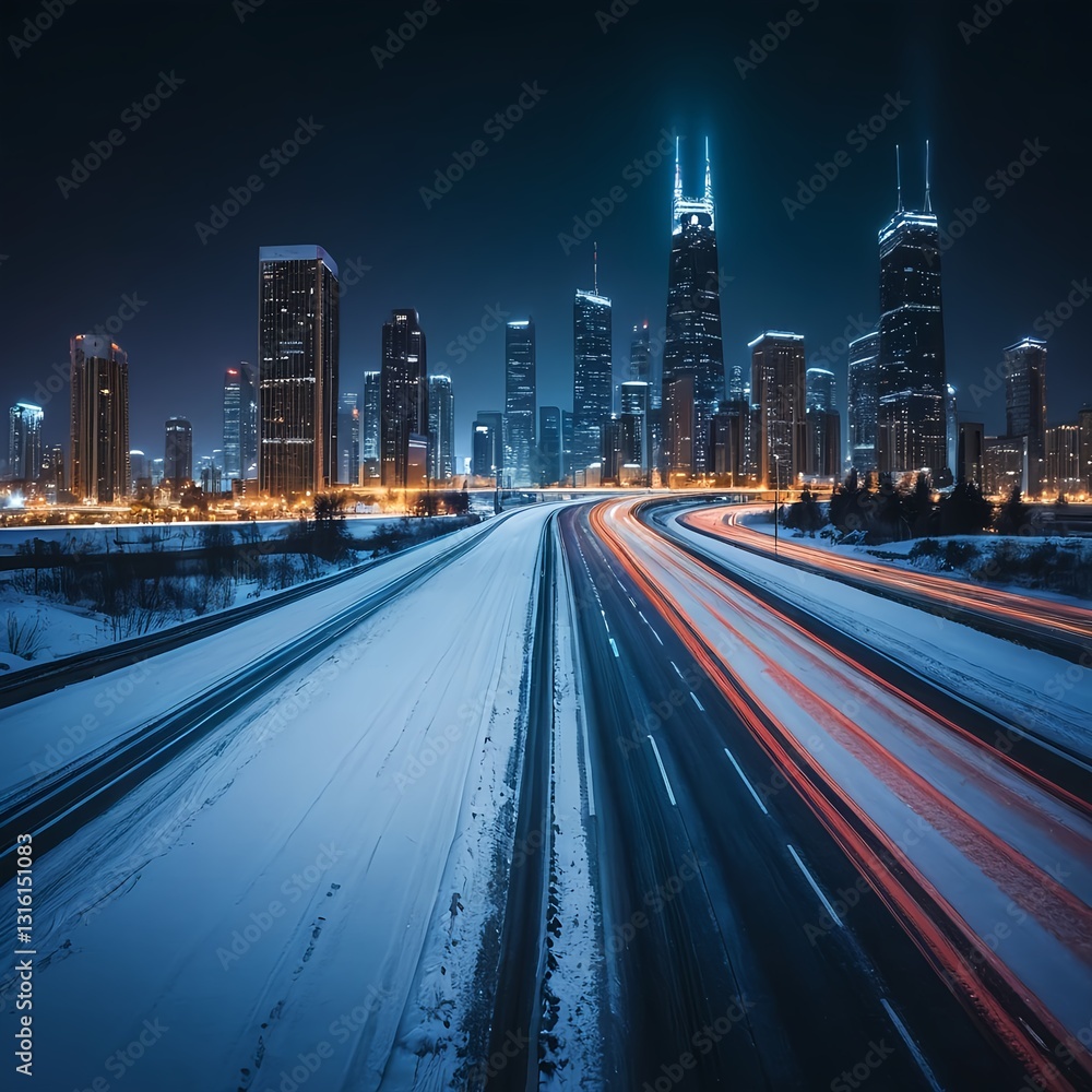 Naklejka premium Snowy City Highway at Night