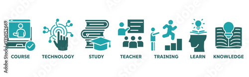Online education icon set illustration concept with icon of course, technology, study, teacher, training, learn and knowledge 