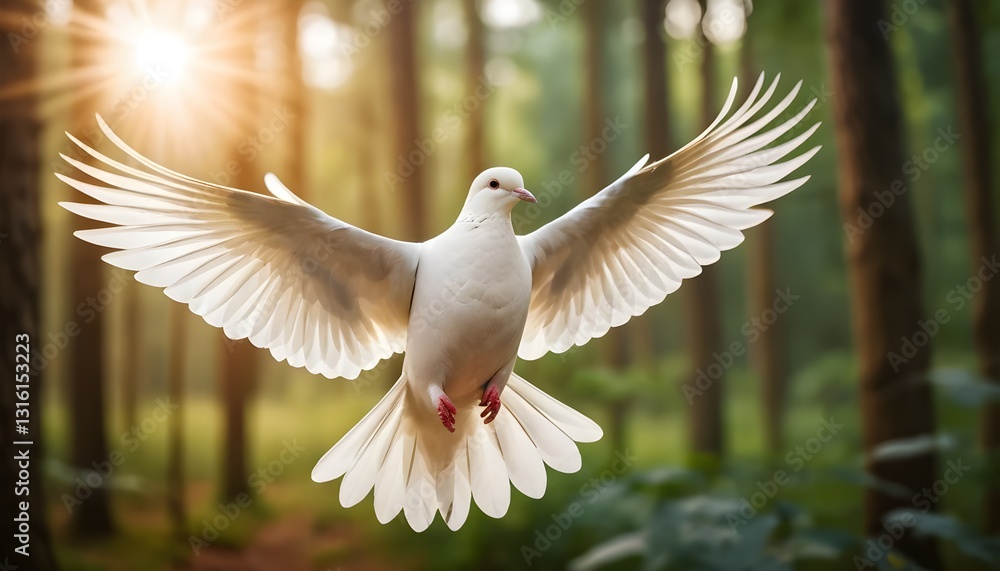 Obraz premium White Dove in Flight, Sunlight Through Forest