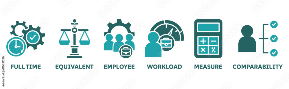 FTE icon set illustration concept of full time equivalent with icon of full-time, equivalent, employee, workload, measure and comparability FTE icon set illustration concept of full time equivalent with icon of full-time, equivalent, employee, workload, measure and comparability