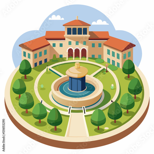 circular campus courtyard with a central fountain 