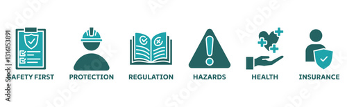 Work safety icon set illustration with icons safety first, protection, regulations, hazards, health, and insurance icon 