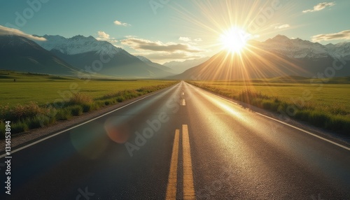 Cinematic view of an endless road stretching through a scenic landscape at sunrise with mountains in the distance