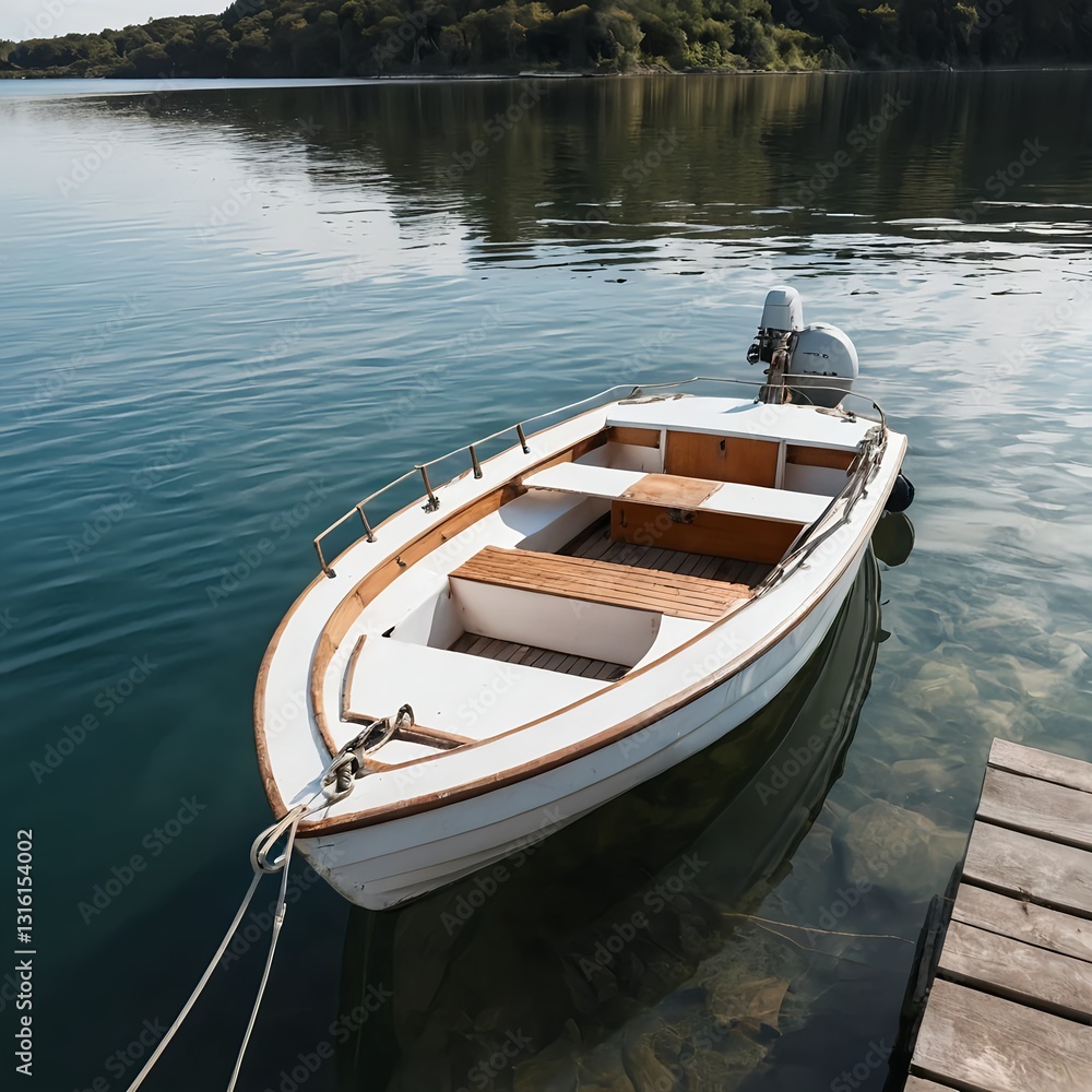 Small White Motorboat Moored at Lakeside Wooden Dock Small White Motorboat Moored at Lakeside Wooden Dock