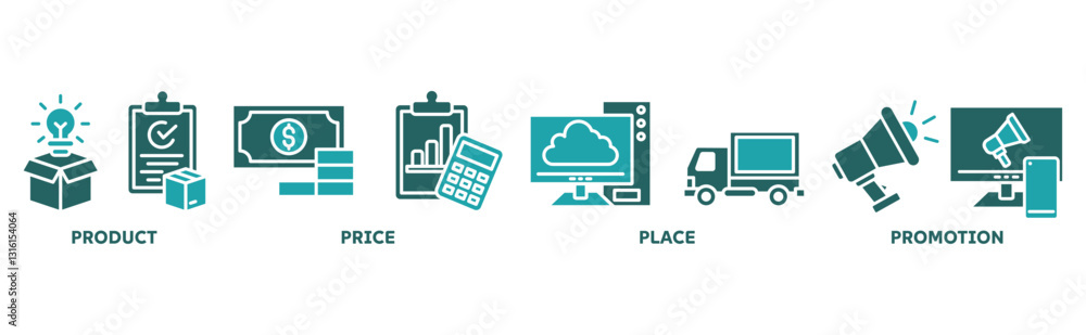 Marketing Mix icon set illustration concept with icon of product, price, place, promotion Marketing Mix icon set illustration concept with icon of product, price, place, promotion