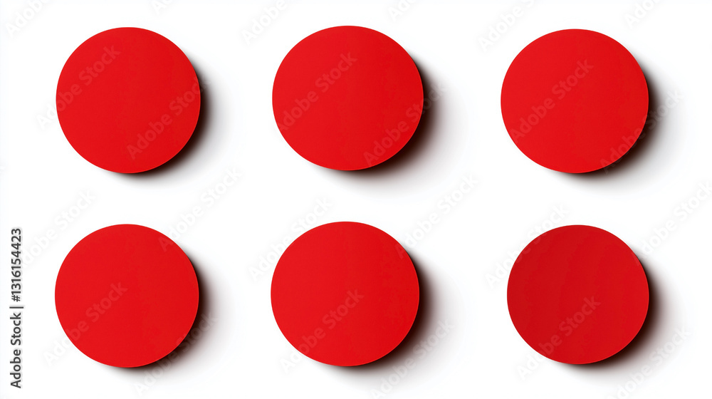 A row of six red circles, all of which are the same size and color A row of six red circles, all of which are the same size and color