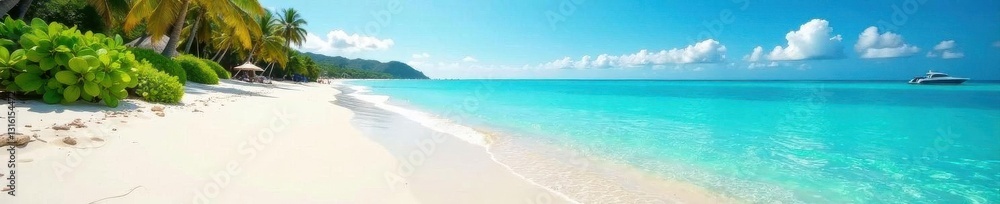 Fototapeta premium Sun-drenched white sand beach, turquoise water, ocean view, holiday, warm