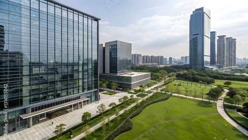 Modern Cityscape Green Space Aerial View Office Buildings and Park