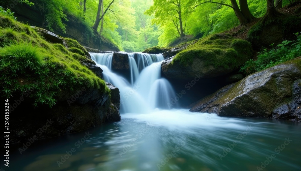 Fototapeta premium Serene water falls gently over moss covered rocks, serene, tranquility
