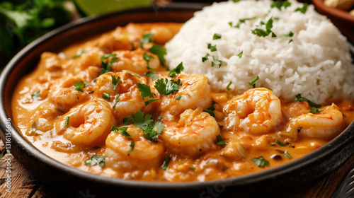 vatapá, a traditional Brazilian dish, featuring a rich, creamy mixture of shrimp, coconut milk, peanuts, and spices, served with a side of fluffy white rice and garnished with fresh herbs