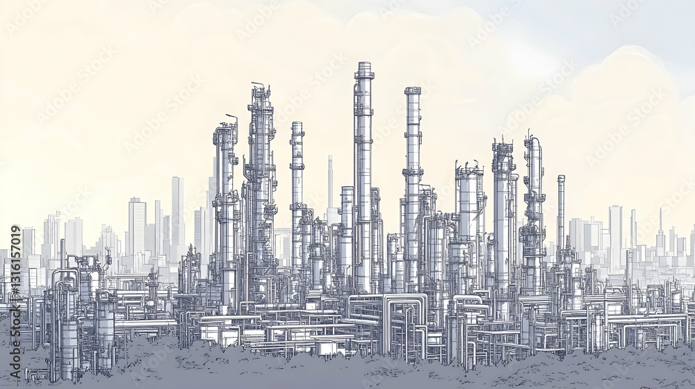 Fototapeta premium Detailed line drawing of an industrial refinery complex with towers, pipes, and structures
