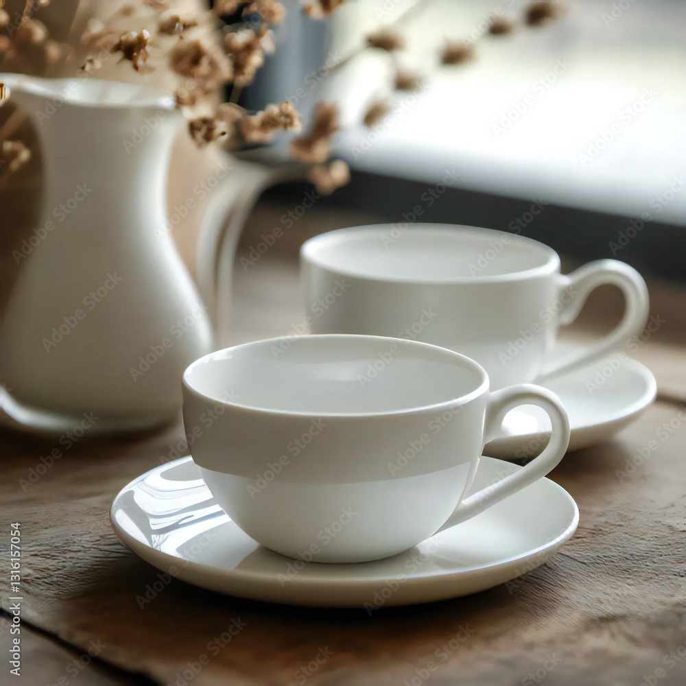 White Espresso Coffee Cups and Saucers & Matching Milk Jug. White Espresso Coffee Cups and Saucers & Matching Milk Jug.