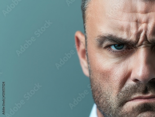 A close-up of a man with a serious expression, showing intense emotions through his furrowed brow and piercing gaze against a muted background. photo