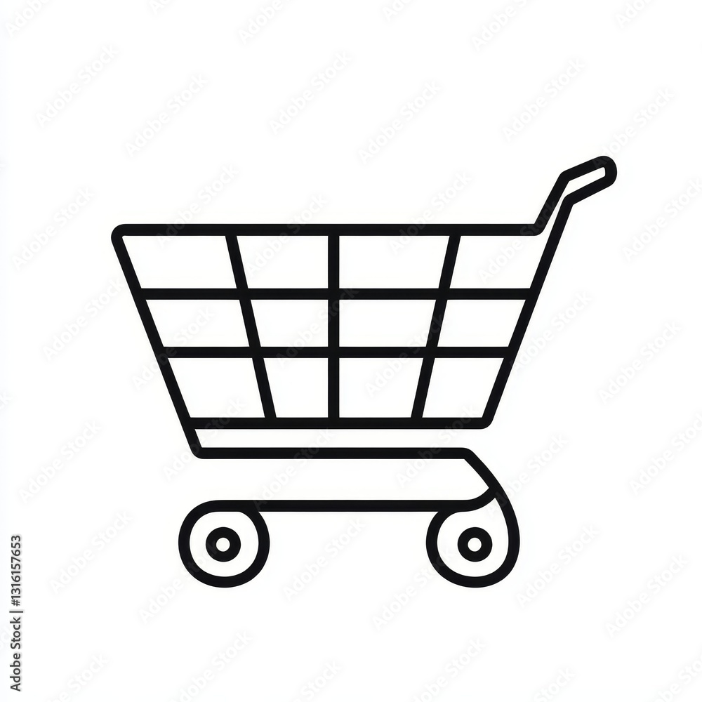 A simple black linear icon of a shopping cart is set against a pristine white background A simple black linear icon of a shopping cart is set against a pristine white background