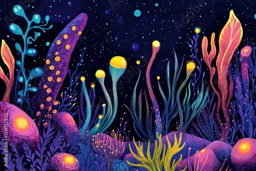 Colorful fantasy plants with glowing elements against a starry background