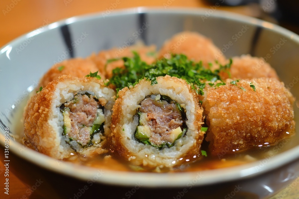 crispy rice rolls with minced meat, harissa joghurt dip crispy rice rolls with minced meat, harissa joghurt dip