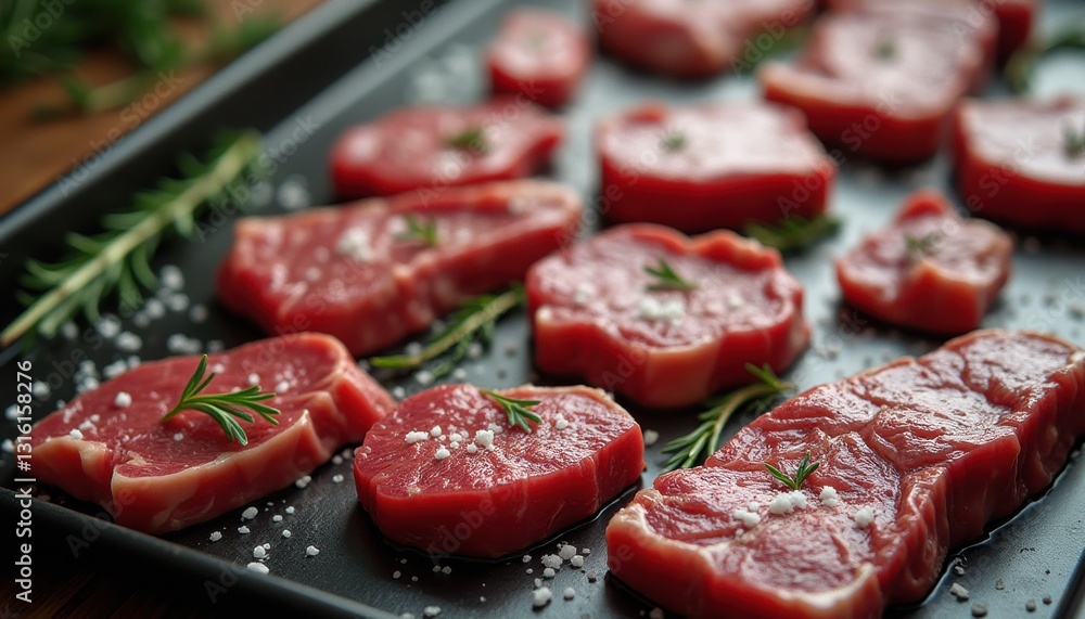 Cinematic view of tantalizing raw meat arranged on a black tray with fresh herbs and sea salt Cinematic view of tantalizing raw meat arranged on a black tray with fresh herbs and sea salt