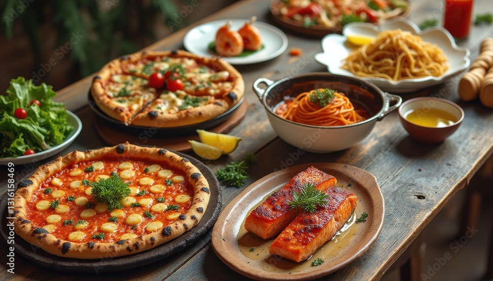Fototapeta premium Cinematic culinary spread showcasing various delectable Italian dishes in an inviting rustic setting