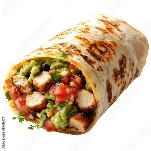 A Crispy Chicken Burrito with Salsa Cheese and Guacamole Isolated on Transparent Background
