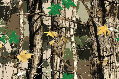 Forest real tree hunting camouflage seamless pattern design for military and hunting uniform. Hunting camouflage. Vector woodland camouflage background