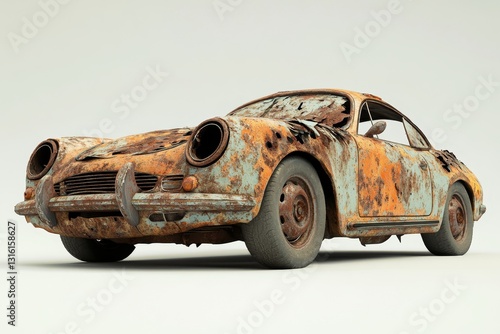 A classic car, its once pristine body now deformed and rusty, abandoned and dirty, a testament to the devastating power of disaster, isolated on a white background, stock image