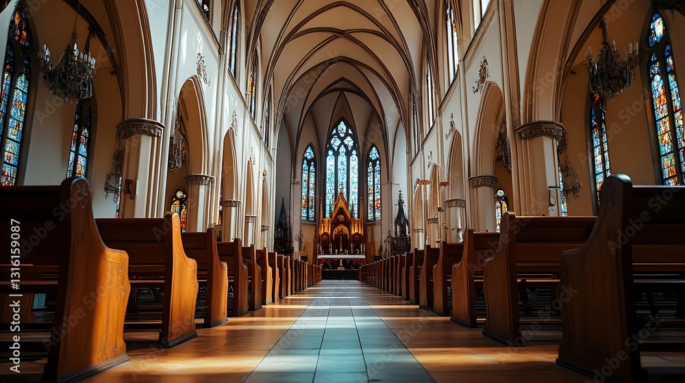 Fototapeta premium Gothic church interior with wooden pews and stained glass windows