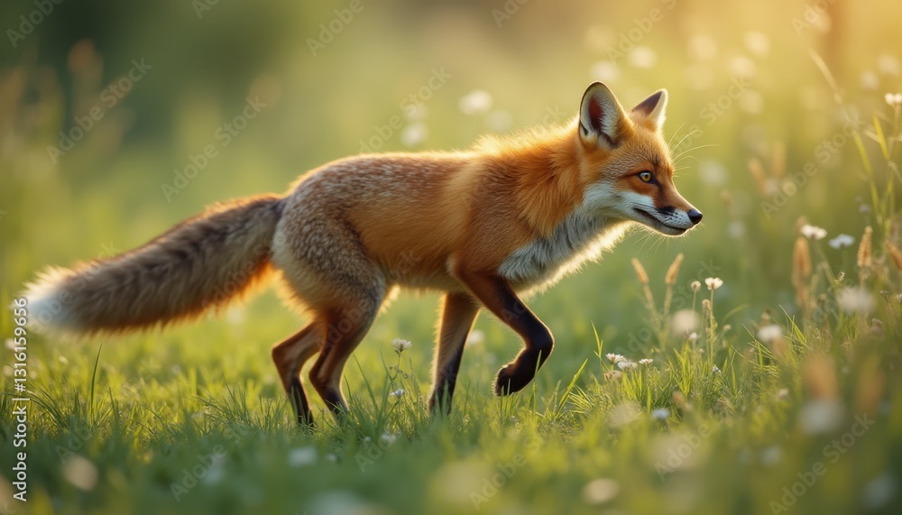 Fototapeta premium Cinematic capture of a sleek, alert fox navigating a sunlit meadow during golden hour