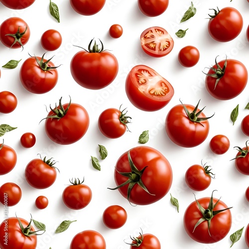 Fresh Red Tomatoes and Basil Leaves Pattern