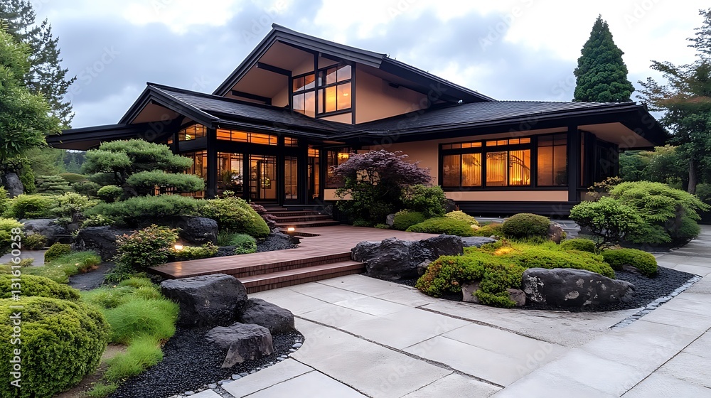 Japanese-style architecture serene home surrounded by lush garden and tranquility Japanese-style architecture serene home surrounded by lush garden and tranquility