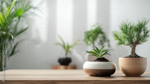 Indoor plants in pots on wooden table  bright sunlight.