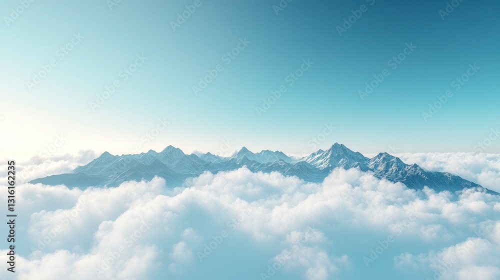 Majestic snow capped mountain range peaks emerge from a sea of fluffy white clouds under a serene, bright sky. The scene is peaceful and expansive, offering a sense of tranquility and awe. Majestic snow capped mountain range peaks emerge from a sea of fluffy white clouds under a serene, bright sky. The scene is peaceful and expansive, offering a sense of tranquility and awe.