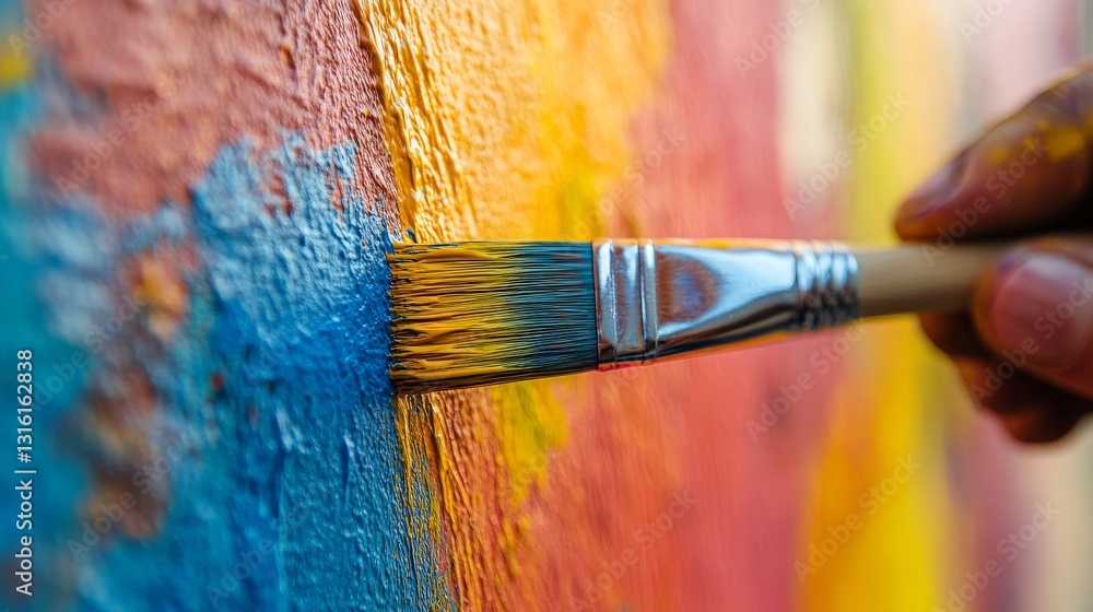 Fototapeta premium Close-up of a vibrant multicolored wall being painted with a brush