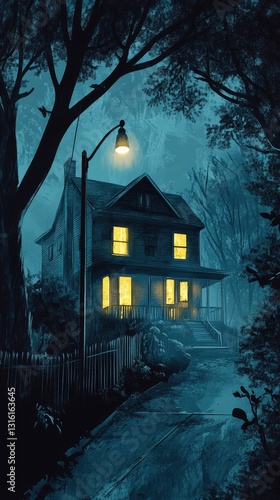 A mysterious illuminated house surrounded by dark trees at night