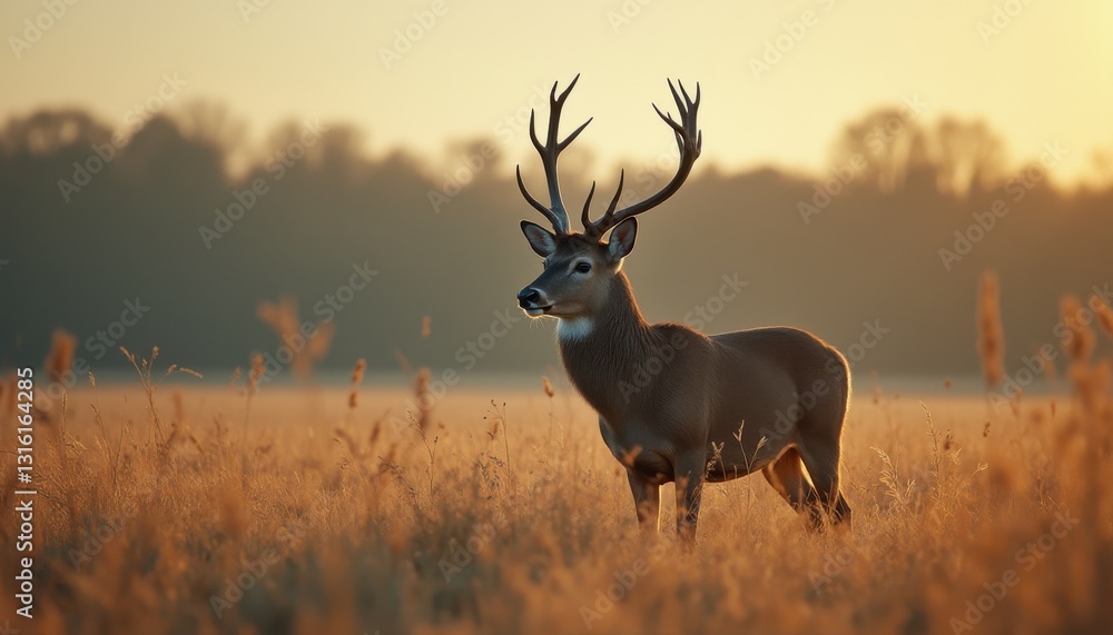 Majestic buck stands tall in golden meadow at sunset creating a serene atmosphere Majestic buck stands tall in golden meadow at sunset creating a serene atmosphere