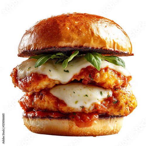 A Crispy Chicken Parmesan Sandwich with Marinara Sauce Isolated on Transparent Background