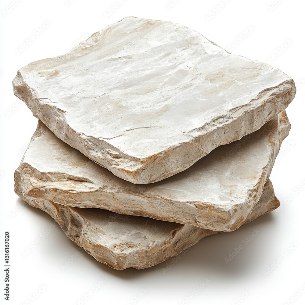 Three off white, irregularly shaped stones are stacked on a white background. The stones have rough, textured surfaces. Three off white, irregularly shaped stones are stacked on a white background. The stones have rough, textured surfaces.
