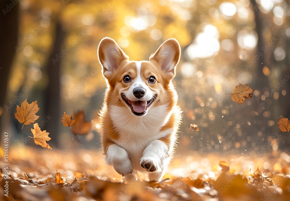 Happy Corgi Running in Autumn Leaves Happy Corgi Running in Autumn Leaves