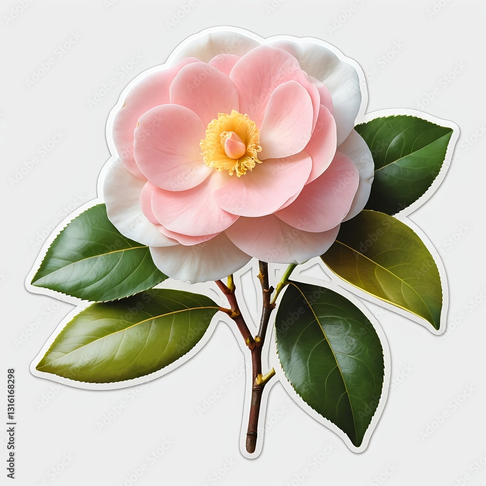 Obraz premium Pink Camellia Flower with Green Leaves Sticker