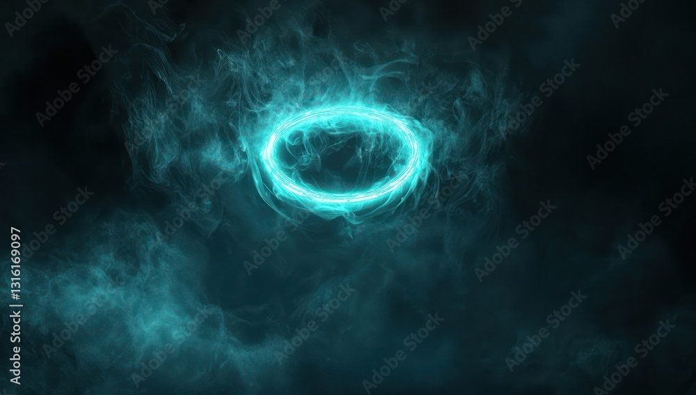 Fototapeta premium Smoke and mist around a floating teal ring, dark fantasy background.