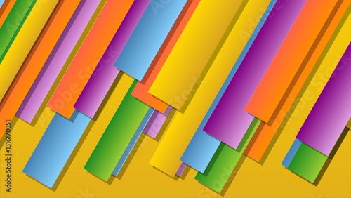Bold abstract composition featuring rich yellow, orange and blue diagonal elements layered in a rhythmic pattern, creating a sense of depth and movement with vibrant color blocking.